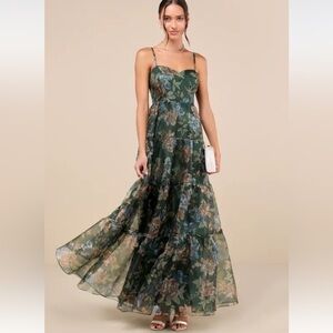 NWOT Lulus Exclusive Glamour Green Floral Organza Tiered Maxi Dress XS